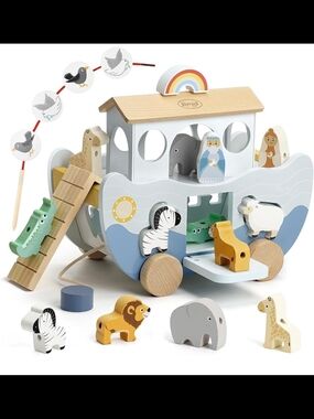 Wooden Noah's Ark Animal Playset - Pastel Blue & Natural